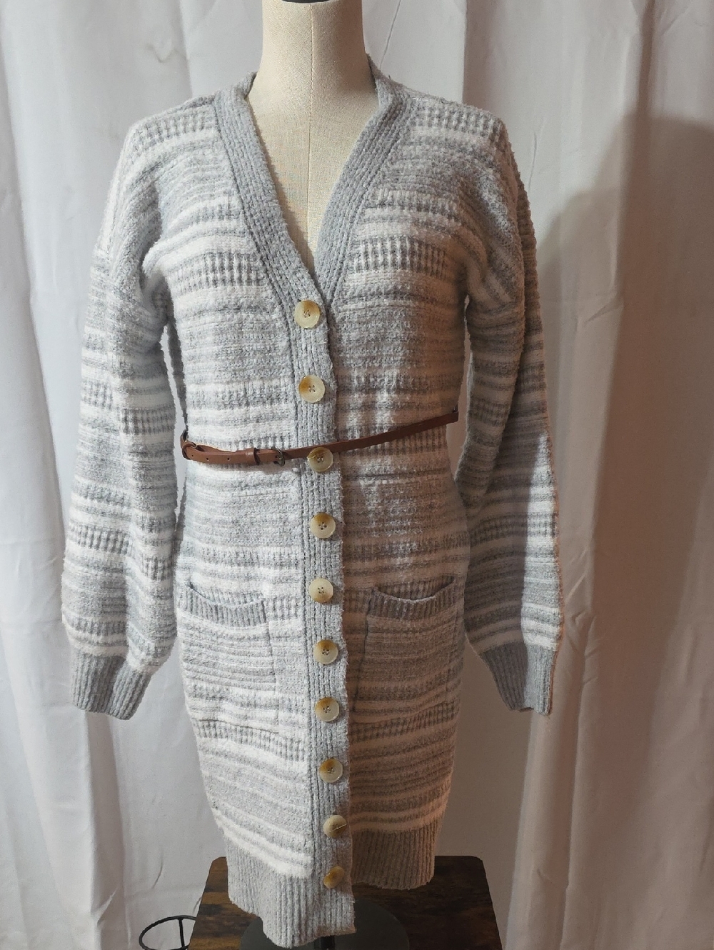 Pink Rose Gray & White Striped Long Button-Front Cardigan